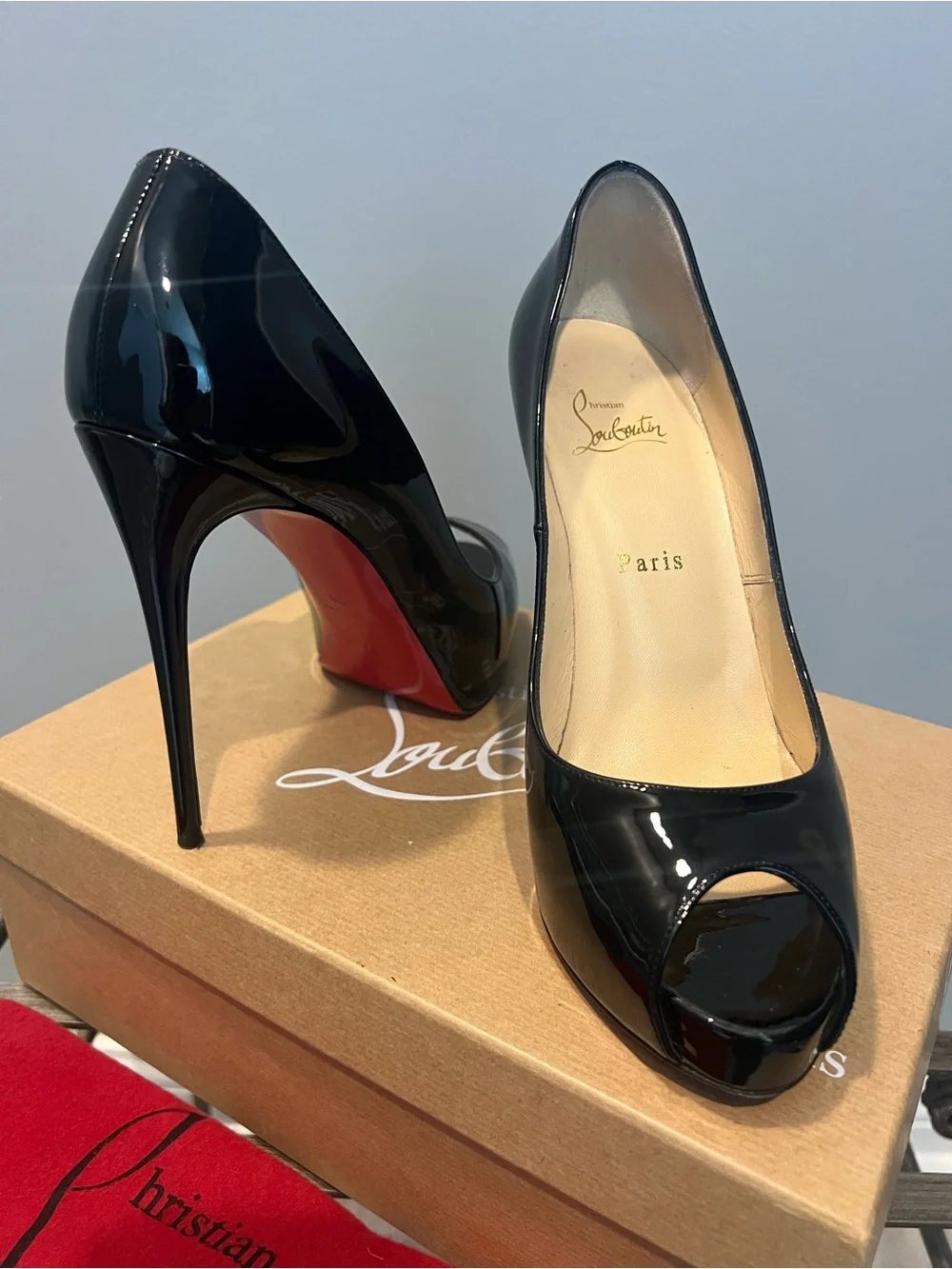 Christian Louboutin Black Patent Peep-Toe Pumps with Red Soles
